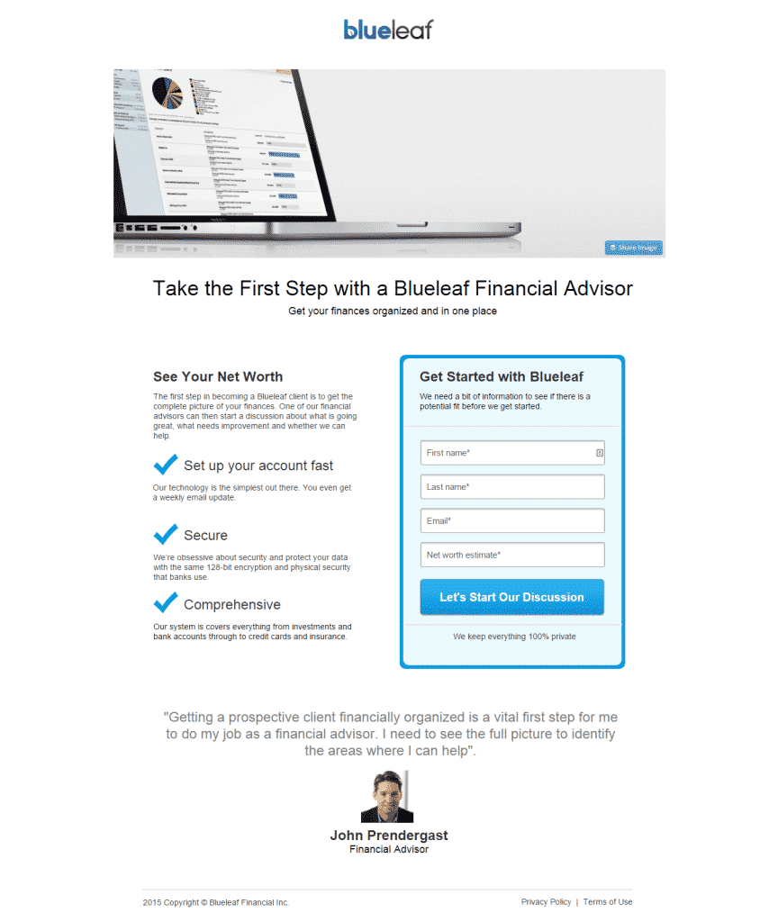 Landing page example for financial advisors
